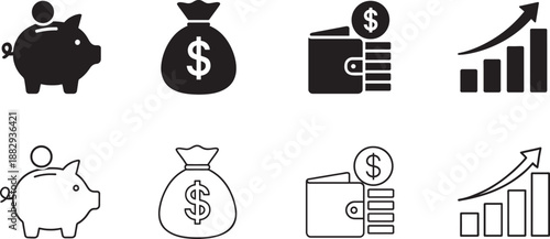Financial icons silhouette set with money bag, piggy bank, wallet and growth chart.