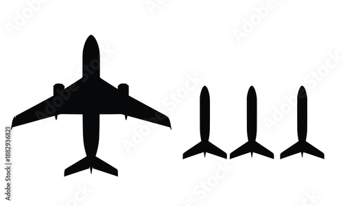 Silhouette of a commercial airplane and three missiles on a white background.