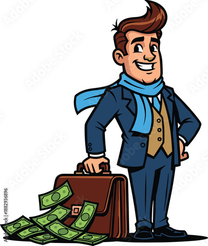 Businessman cartoon illustration, money briefcase art, financial success character, wealth concept drawing, cash spilling artwork, corporate greed design