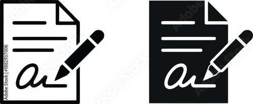 A clean outline and filled icon showing a document being signed with a pen