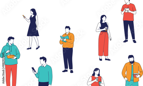 Cartoon lifestyle illustration, people eating food artwork, mobile phone usage design, casual modern activity drawing, everyday routine scene, social habits