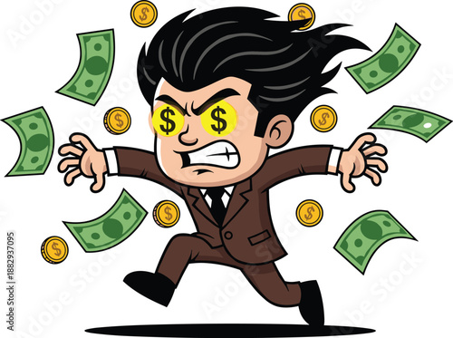 Cartoon businessman chasing money illustration, dollar eyes artwork, financial ambition design, wealth pursuit drawing, running profit scene, money obsession