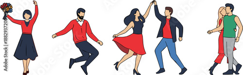 Celebration dance illustration, romantic couple kissing artwork, joyful partners dancing together, bouquet love symbol drawing, festive romance scene, affectionate embrace design