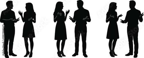 Conversation silhouette, talking couple illustration, social interaction art, communication figures, interpersonal dialogue, casual discussion pose, people connection, relationship