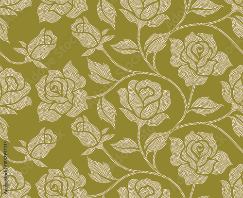 Abstract rose flower seamless pattern with dotted style. flower and leaves background.