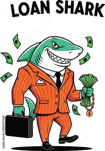 Loan shark cartoon, business shark illustration, money lender art, cash briefcase drawing, financial greed concept, dollar bills artwork