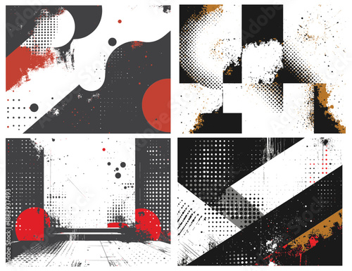 Grungy abstract composition combining geometric shapes, halftone dots, and distressed textures in black, white, red and orange. Suitable as dynamic background for design projects