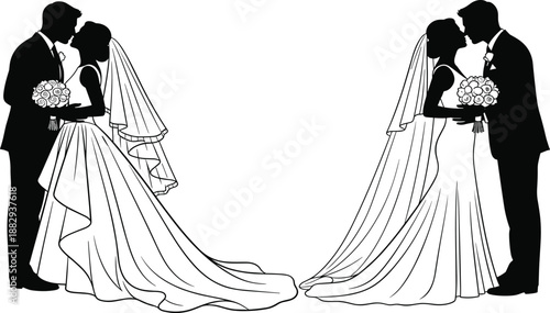 Wedding couple silhouette illustration, bride and groom kissing artwork, romantic embrace design, bouquet love symbol drawing, marriage ceremony scene, romantic devotion