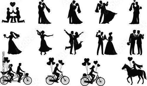 Wedding couple silhouette, romantic proposal, dancing bride groom, love celebration, tandem bicycle romance, horse riding couple, marriage illustration, romantic art