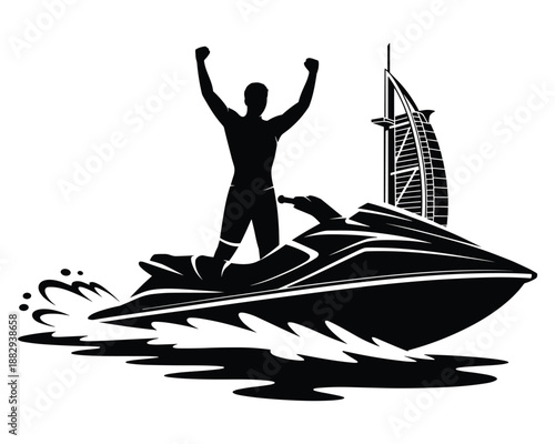 Excited person riding a jet ski with iconic building in background 