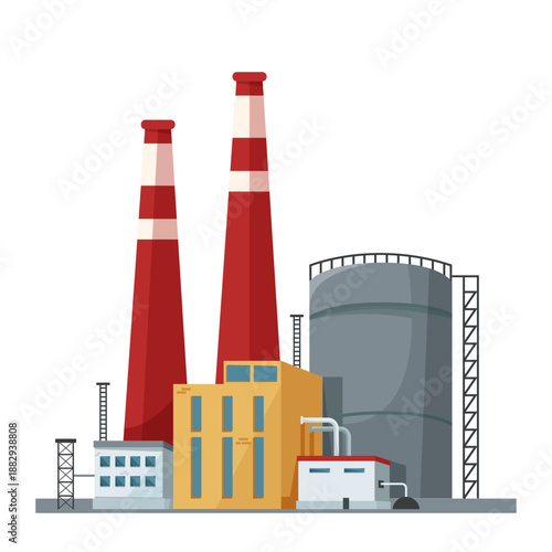 Industrial factory complex with tall chimneys and storage tanks, flat graphic style, isolated on white background. Concept of manufacturing. Vector illustration