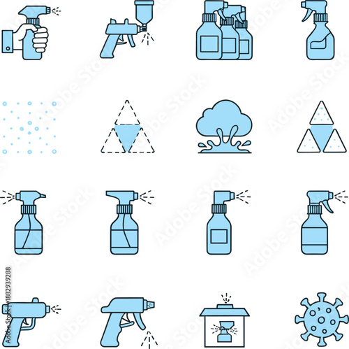 Professional sanitization icons featuring various spray bottles industrial sprayers disinfectant tools and virus prevention symbols.