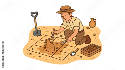 An archaeologist excavating an ancient artifact in a desert landscape with tools