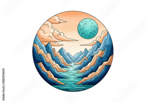 静かな山々と川の美しいイラスト風景