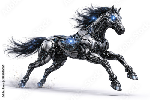 Futuristic robotic horse running with glowing blue eyes