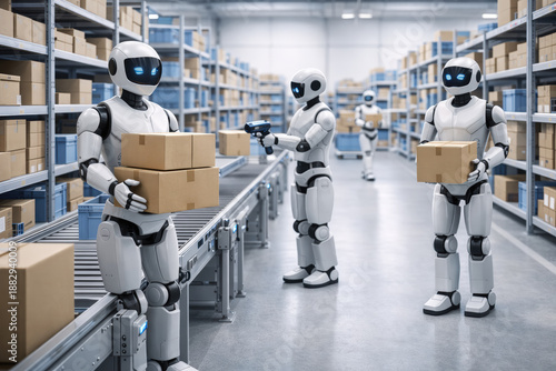 Humanoid robots working in automated logistics warehouse