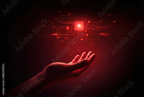 Human hand holding floating digital circuit chip