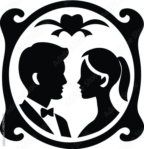 Elegant silhouette portrait of a couple looking at each other within an ornate frame.