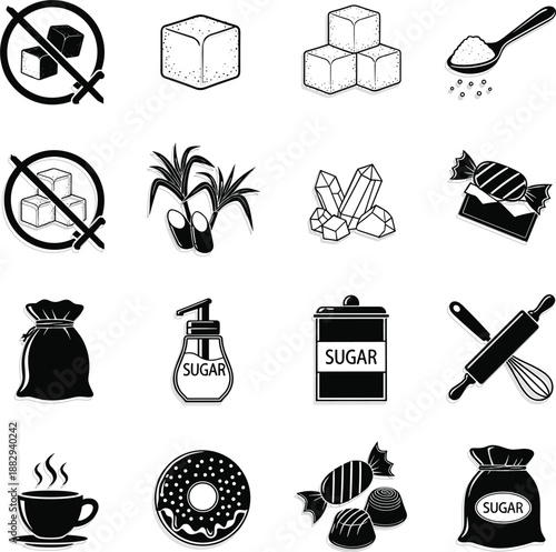 : Comprehensive sugar and baking icons featuring sugar cubes sugar cane donuts candies and sugar-free dietary warning symbols.