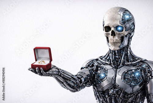Futuristic robot skeleton holding engagement ring in box