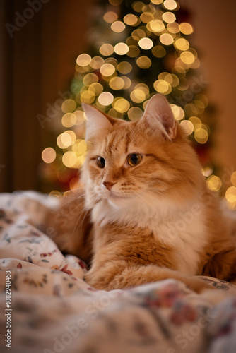 Photo of a red cat near the Christmas tree.
