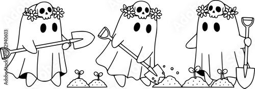 Cute Ghost Gardening Cartoon Vector with Shovel
