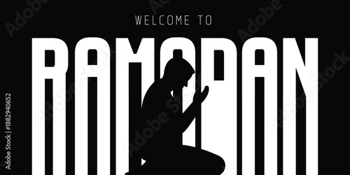 Ramadan typography praying silhouette. Vector ilustration.