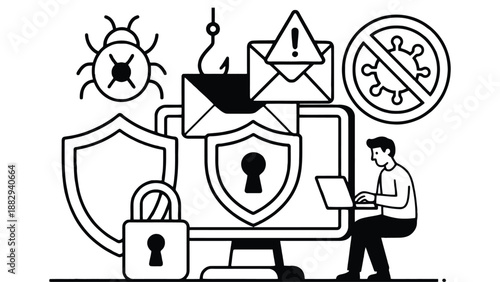 A man sitting at a computer with various cybersecurity symbols surrounding the screen.