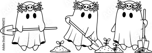 Cute Ghost Gardening Cartoon Vector with Shovel