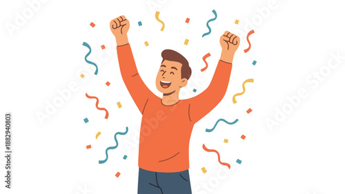 A cartoon man celebrating with his arms raised in excitement and joy amidst colorful confetti