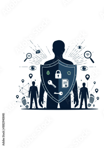 Data Privacy and Cyber Security Silhouette, Person Shielded from Digital Surveillance, Personal Privacy Rights and Encryption Concept Vector