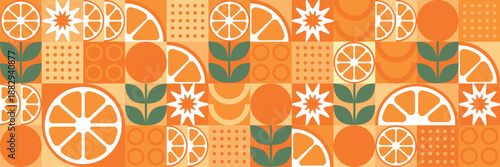 Tropical fruits: orange, leaves, and slices. Abstract geometric background. Set of vector icons in a simple, flat, minimalist style.