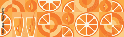 Tropical fruits: orange, leaves, and slices. Abstract geometric background. Set of vector icons in a simple, flat, minimalist style.