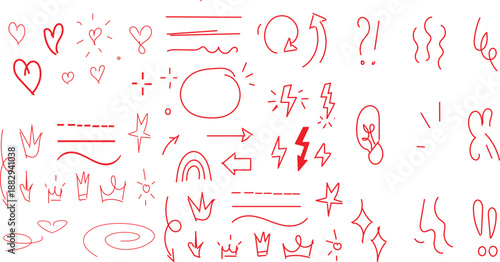  collection of hand-drawn red doodle elements designed for emphasis and highlighting. 