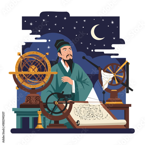 Ancient Chinese astronomy illustration, scholar observing stars with traditional tools