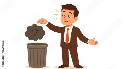 A cartoon businessman throwing away a sad cloud into a trash can with relief