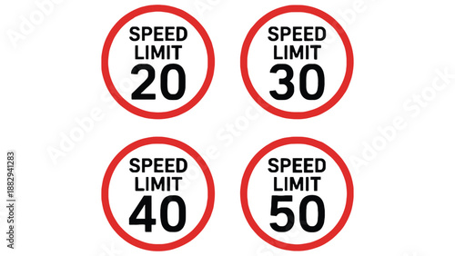 A set of four speed limit signs with different mph restrictions on each.