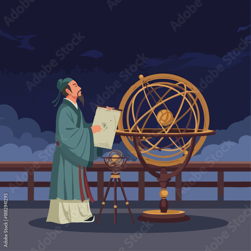 vector of Ancient Chinese astronomy illustration, scholar observing stars with traditional tools