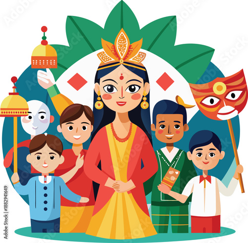 
Diverse group of characters celebrating a traditional Indian festival with a woman in royal attire vector illustration for cultural celebration design

