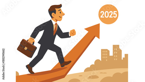 A determined businessman in a suit climbing up an arrow towards a successful 2025