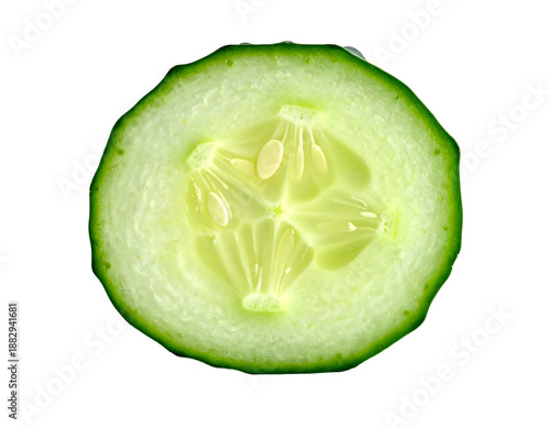Close-up of a single, vibrant green cucumber slice showing internal details