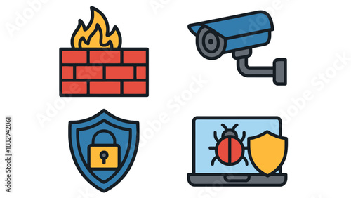 Cyber security icons including a firewall, CCTV camera, shield with lock, and laptop with bug and shield.
