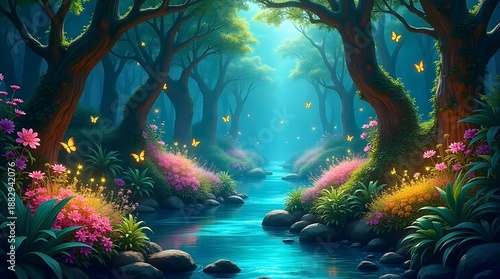 Magical moonlit forest & stream - Fantasy landscape.