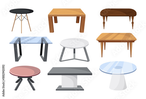 Tables furniture of wood, interior wooden desks. Empty wooden table isolated illustration on white background. Vector illustration of platforms or stands