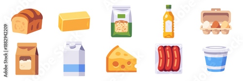 Basic Grocery set with bread, butter, cheese, cooking oil bottle, eggs, flour bag, milk, rice, sausages, yogurt, colorful collection, vector flat style illustrations