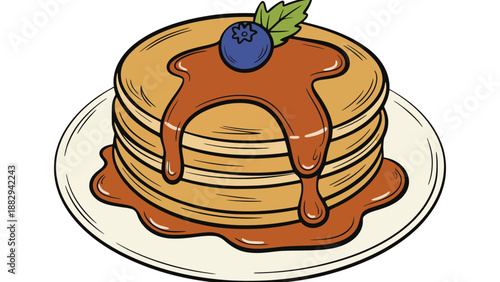 Delicious stack of fluffy pancakes drizzled with syrup and topped with a fresh blueberry and mint leaf.