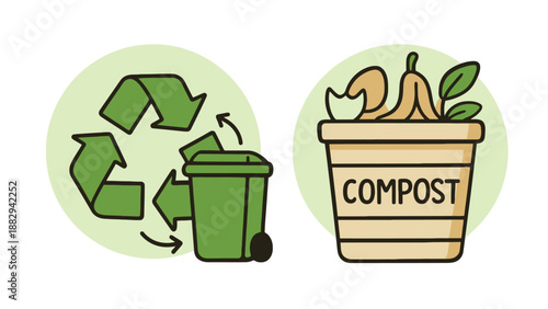 A graphic illustration of recycling and composting bins for eco-friendly waste management