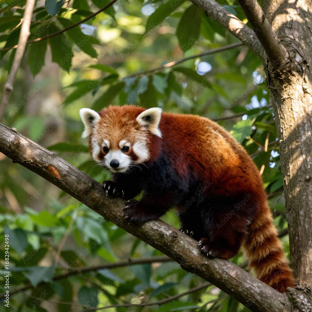 Obraz premium A red panda climbing a tree in a lush forest with dappled sunlight and rich green foliage all around.