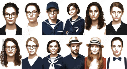 Realistic illustrated people portrait set with diverse men and women faces modern fashion and expressive character styles