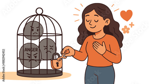 A woman locking away her negative emotions with a sense of relief and calmness.